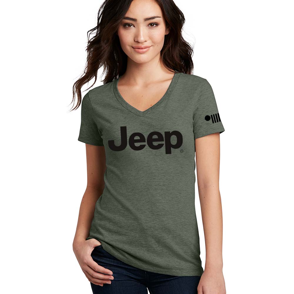 Ladies V-Neck Jeep® Text - Military Green