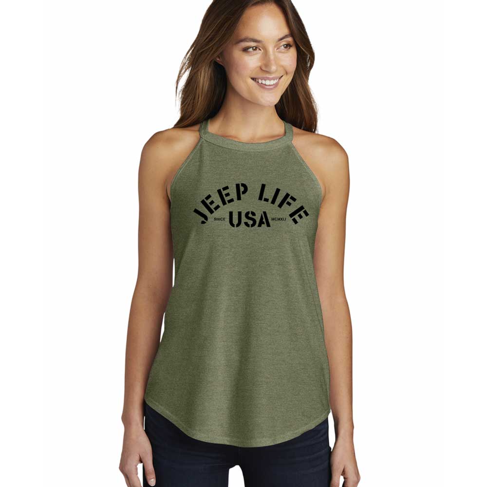 Ladies Rocker Tank Top Jeep® Life - Military Green Triblend